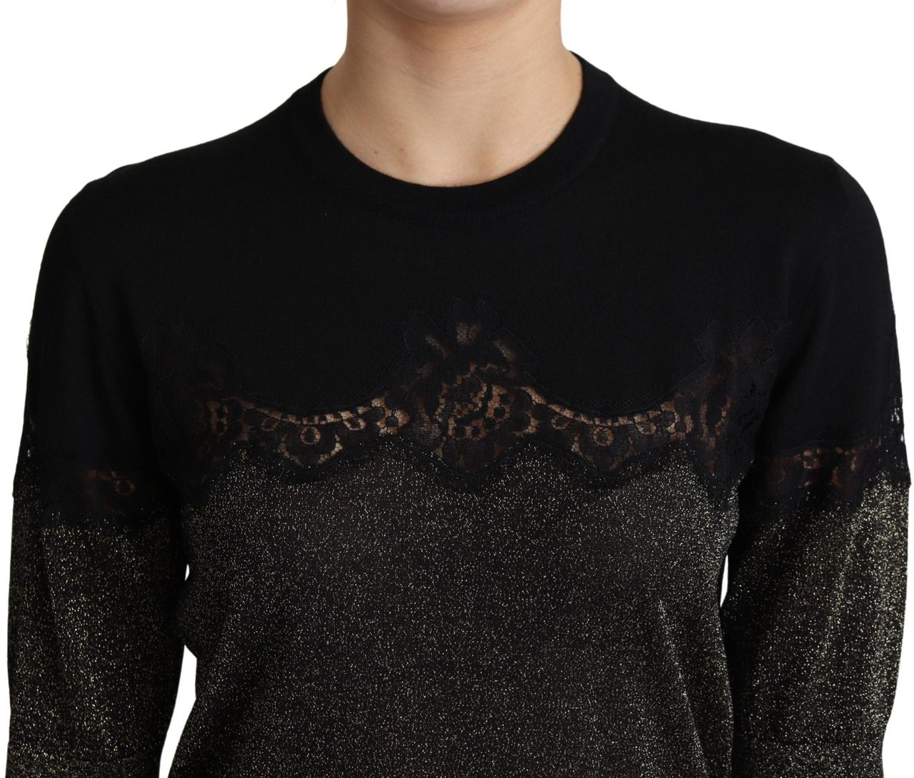 Dolce & Gabbana Black Shiny Lurex Lace Insert Pullover Top Zwart