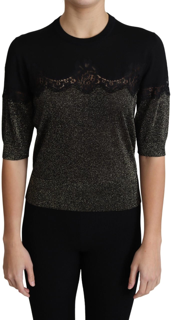 Dolce & Gabbana Black Shiny Lurex Lace Insert Pullover Top Zwart