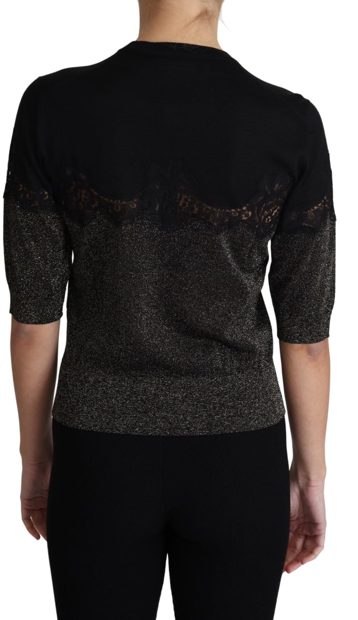 Dolce & Gabbana Black Shiny Lurex Lace Insert Pullover Top Zwart