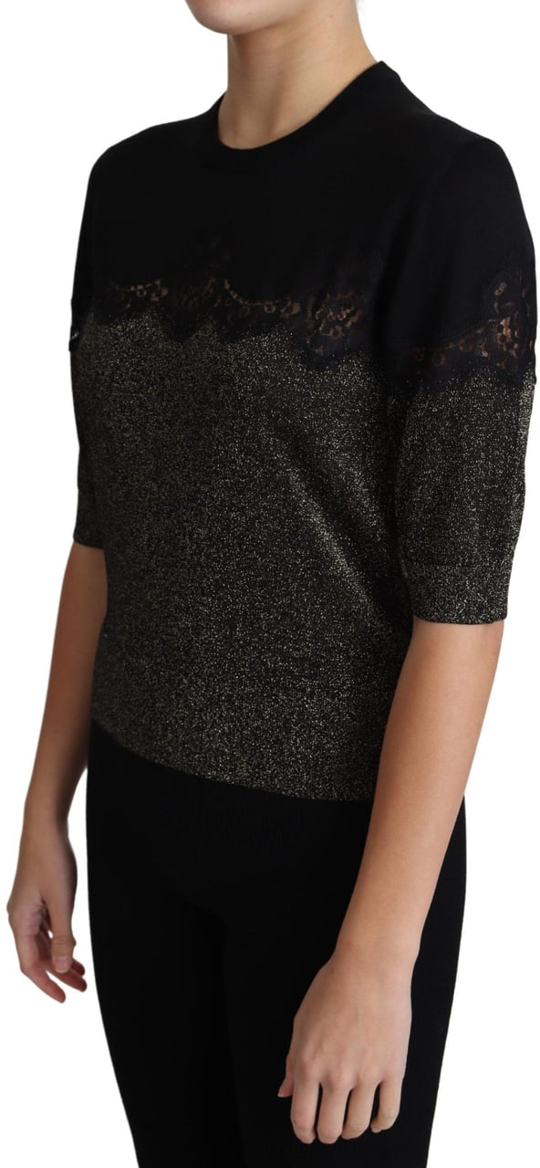 Dolce & Gabbana Black Shiny Lurex Lace Insert Pullover Top Zwart