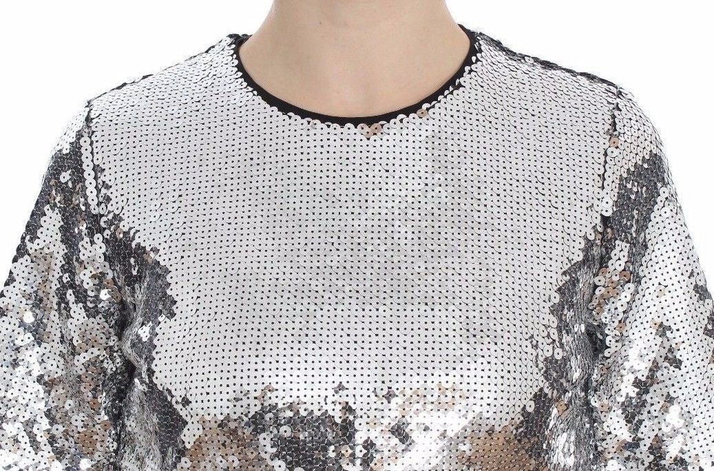 Dolce & Gabbana Silver Sequined Crewneck Blouse T-shirt Top Zwart
