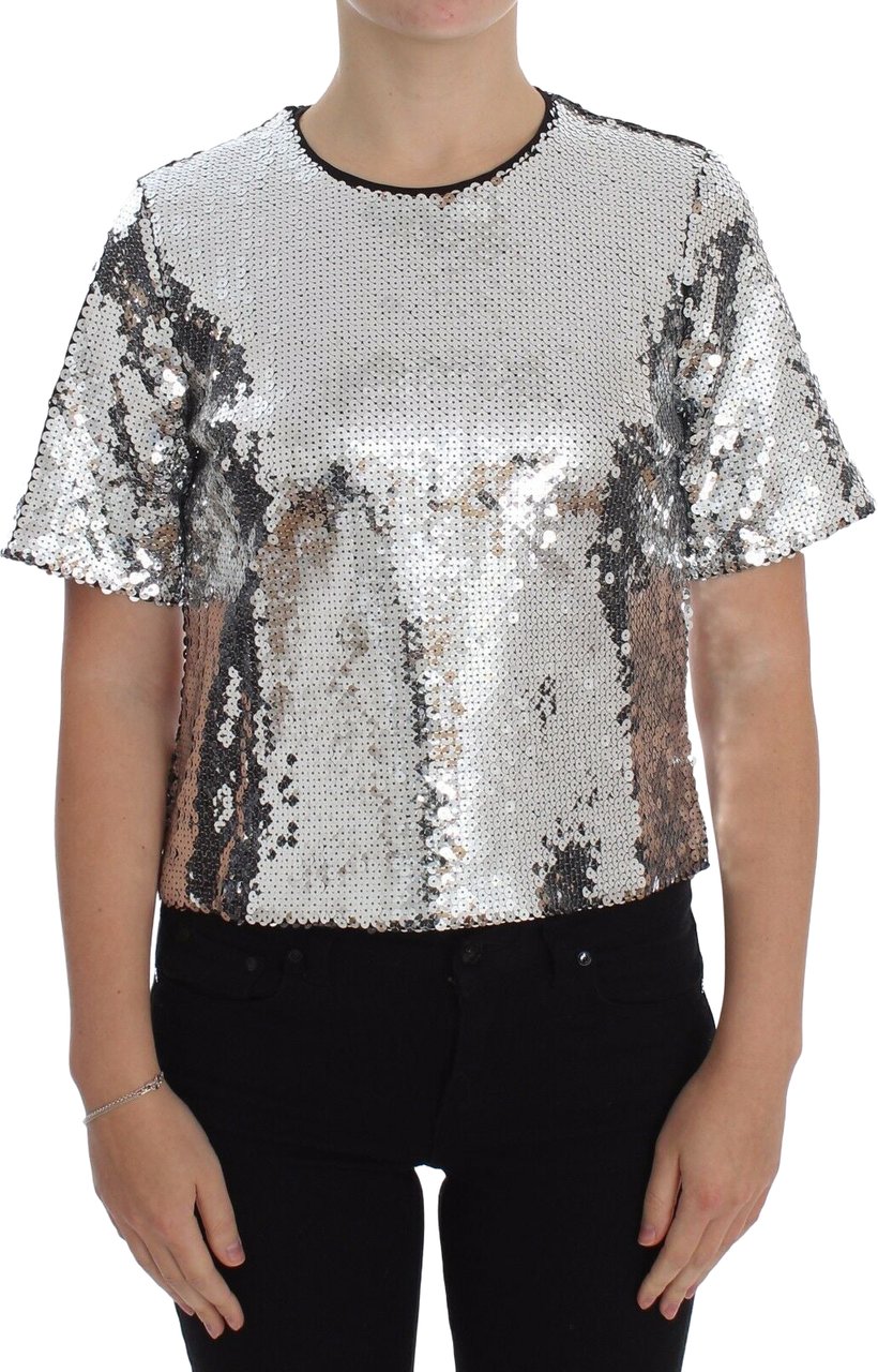 Dolce & Gabbana Silver Sequined Crewneck Blouse T-shirt Top Zwart