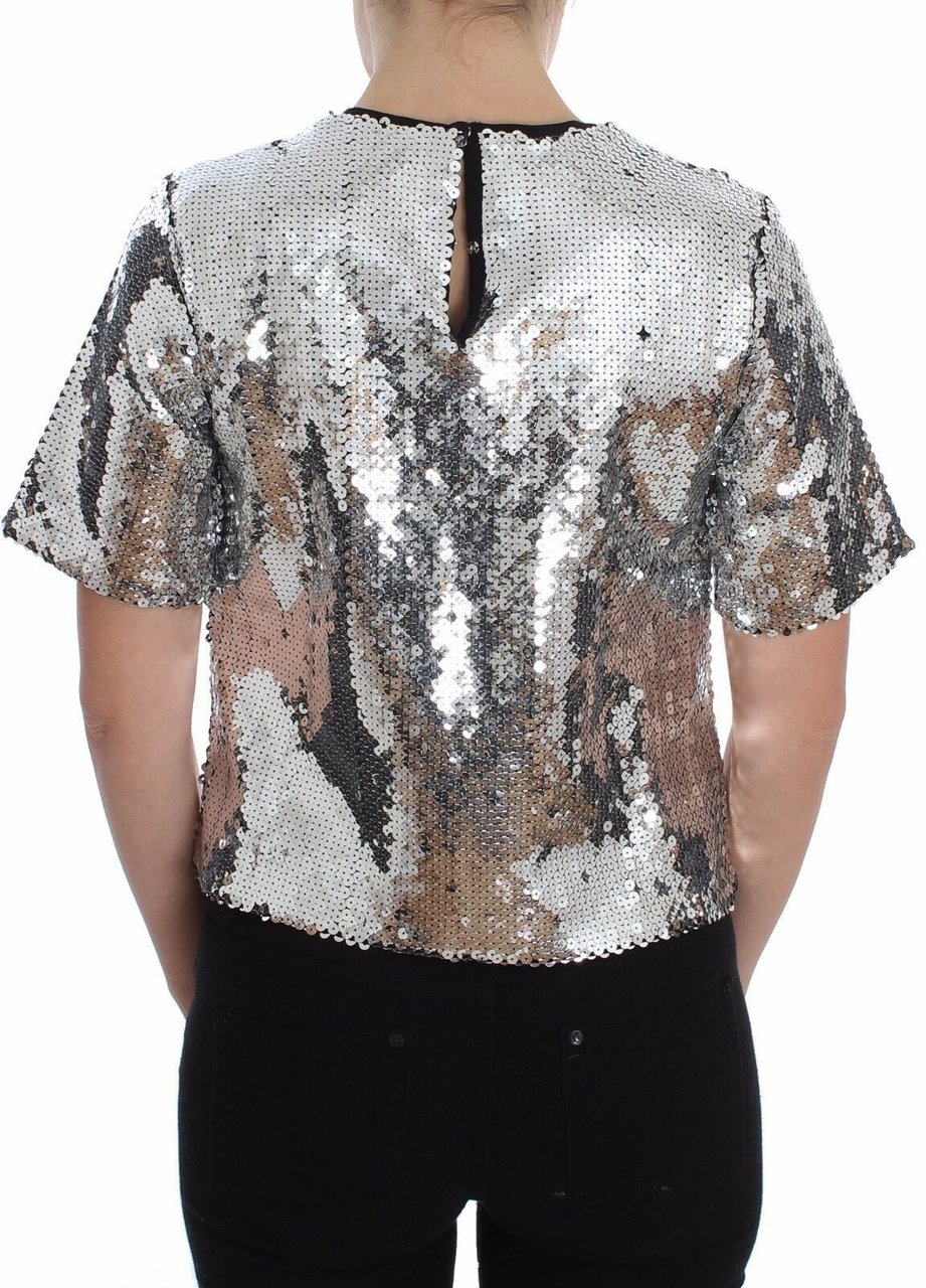 Dolce & Gabbana Silver Sequined Crewneck Blouse T-shirt Top Zwart