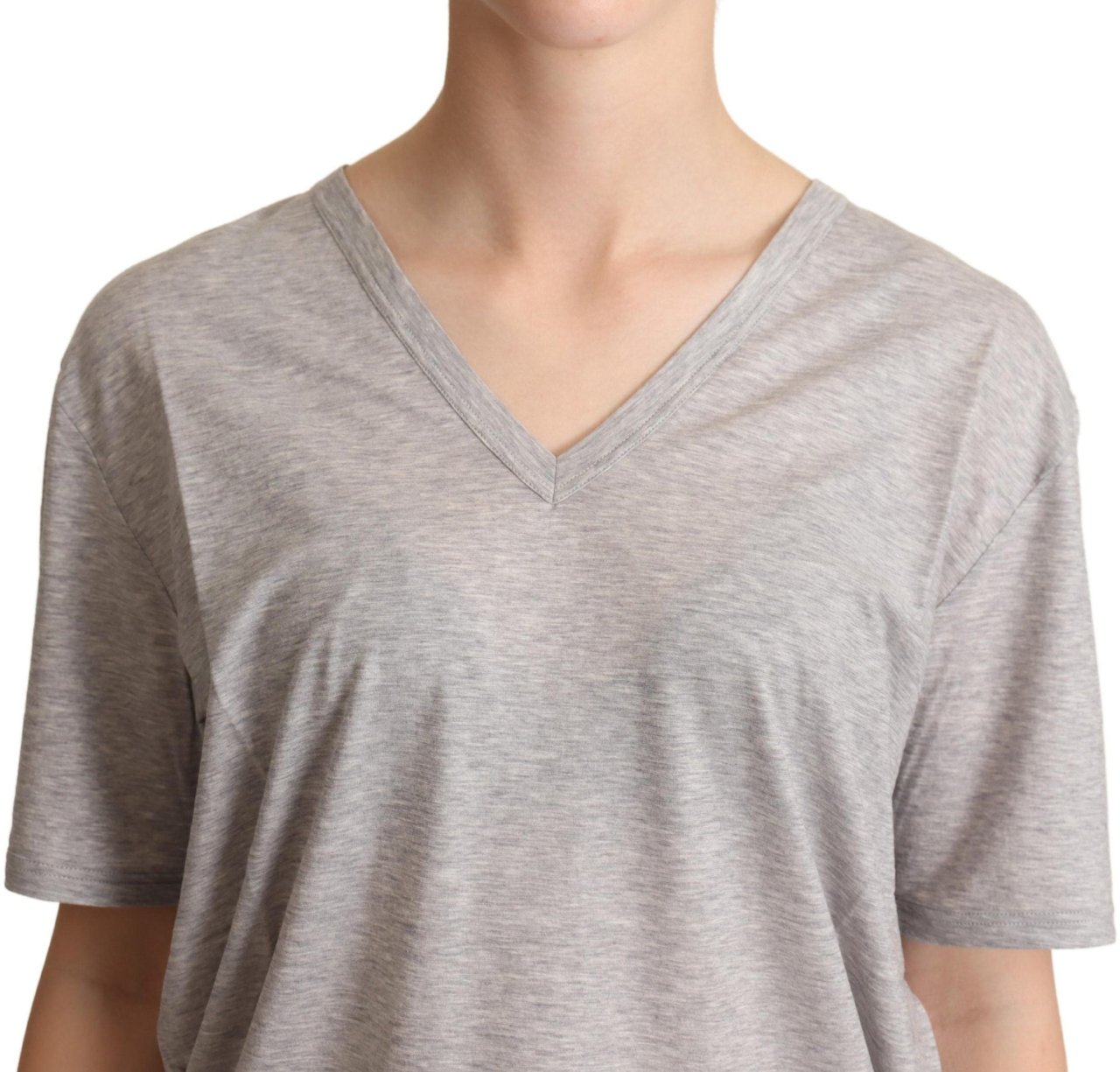 Dolce & Gabbana Gray Solid 100% Cotton V-neck Top T-shirt Grijs