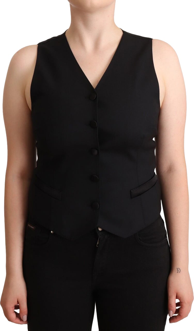 Dolce & Gabbana Black Button Down Sleeveless Viscose Vest Top Zwart