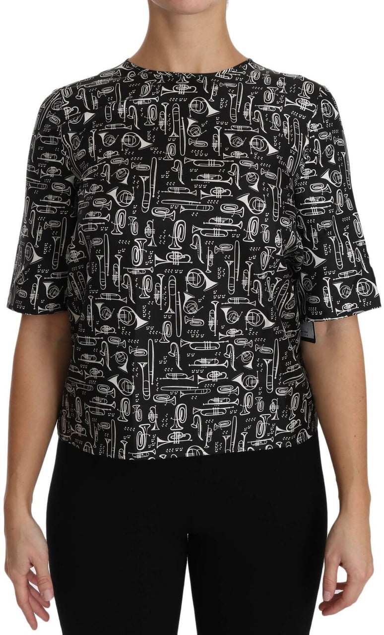 Dolce & Gabbana Black Musical Instruments Print Silk Blouse Zwart