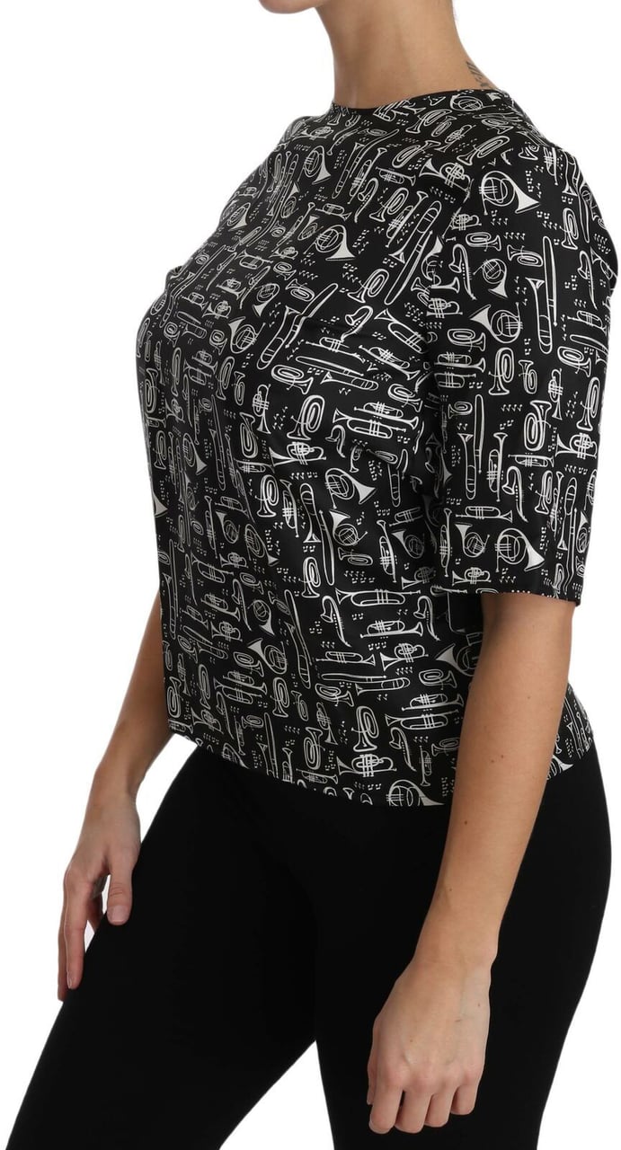 Dolce & Gabbana Black Musical Instruments Print Silk Blouse Zwart