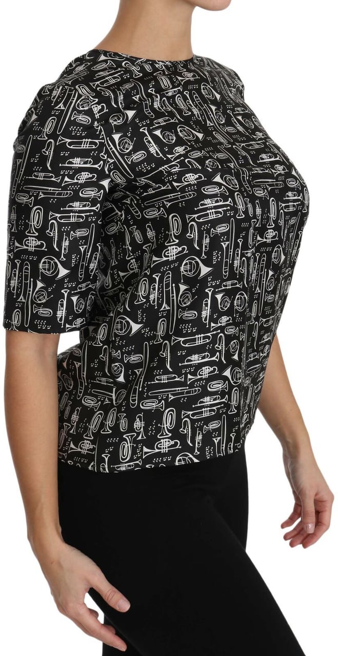 Dolce & Gabbana Black Musical Instruments Print Silk Blouse Zwart