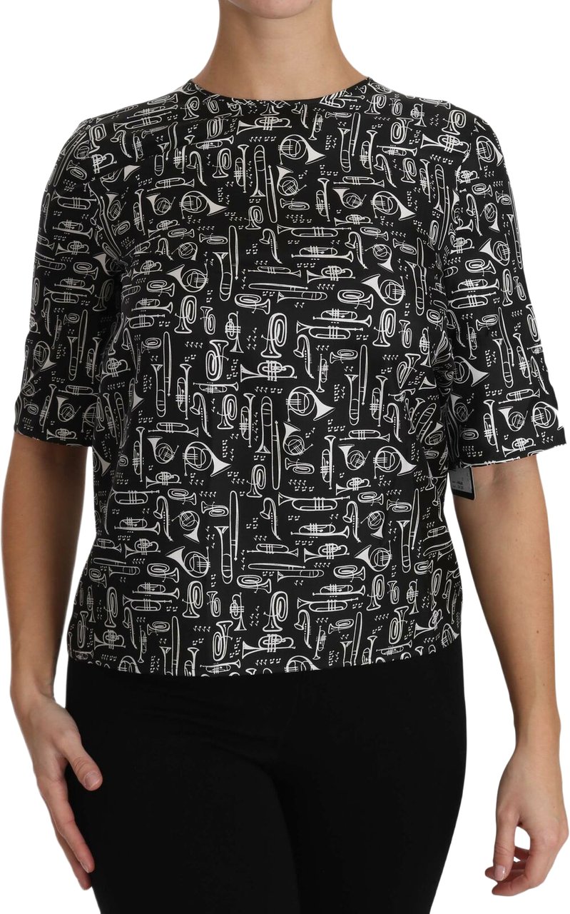 Dolce & Gabbana Black Musical Instruments Print Silk Blouse Zwart