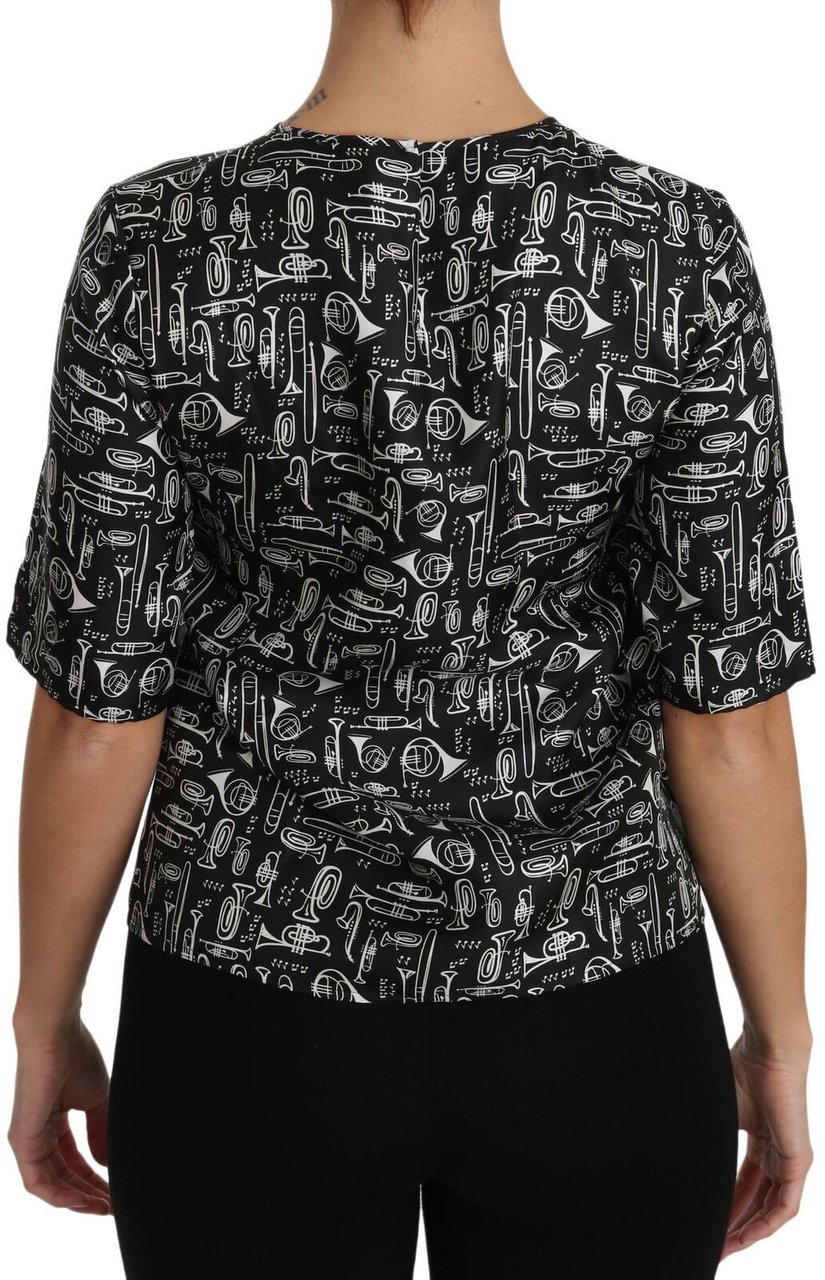 Dolce & Gabbana Black Musical Instruments Print Silk Blouse Zwart