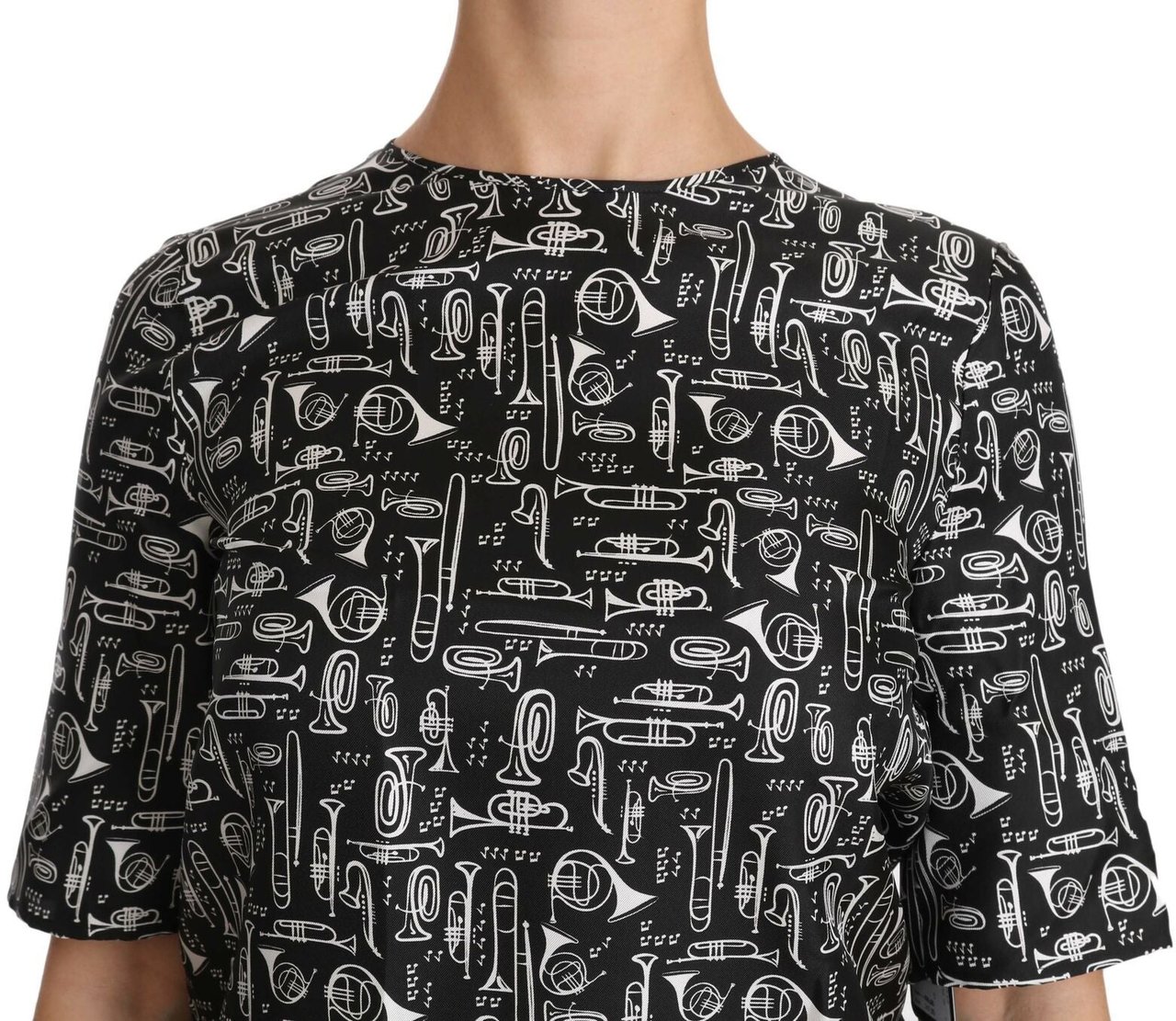 Dolce & Gabbana Black Musical Instruments Print Silk Blouse Zwart