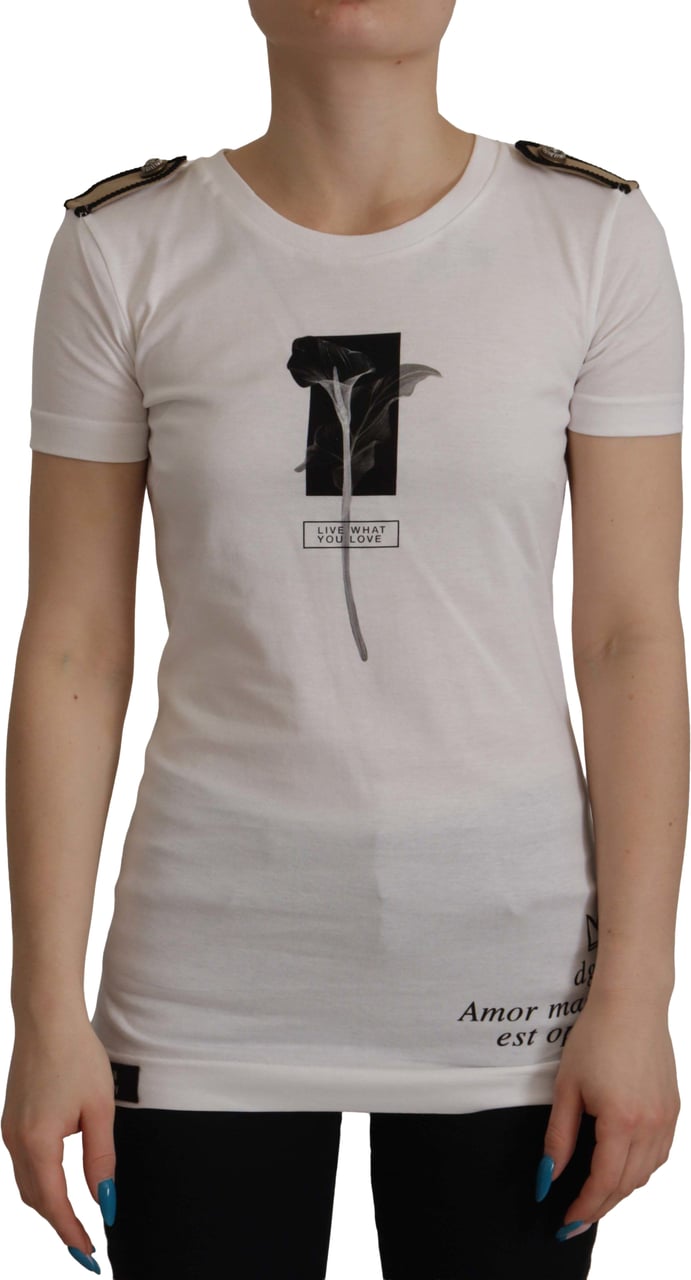 Dolce & Gabbana White Black Roses Crewneck Cotton T-shirt Zwart