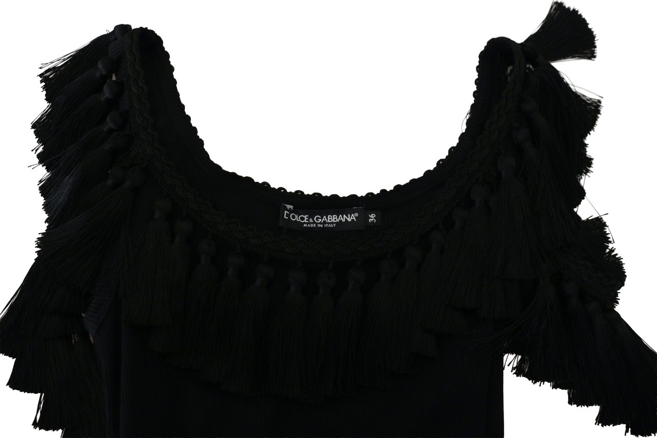 Dolce & Gabbana Black Tank Top Blouse Tassle Cotton Blouse Zwart