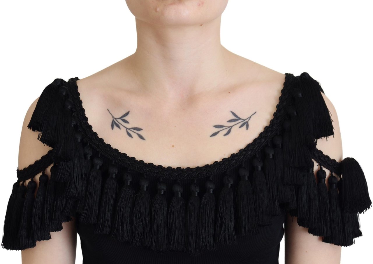 Dolce & Gabbana Black Tank Top Blouse Tassle Cotton Blouse Zwart