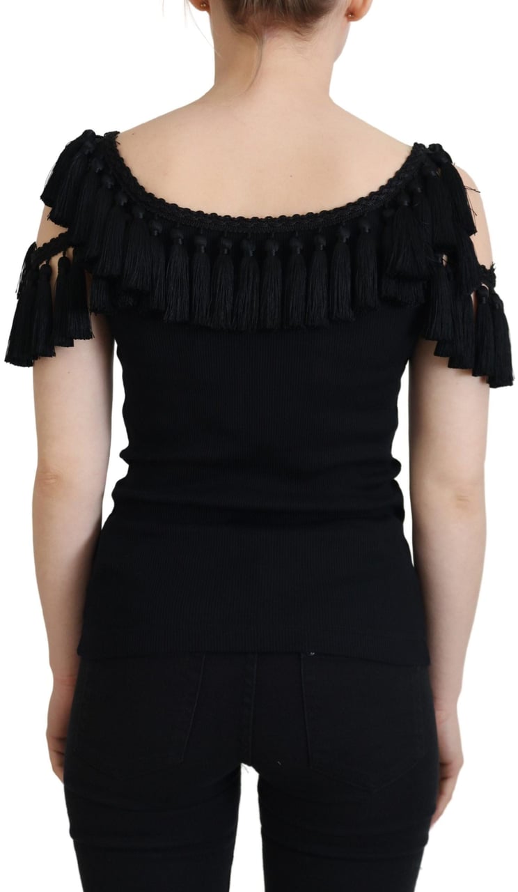 Dolce & Gabbana Black Tank Top Blouse Tassle Cotton Blouse Zwart