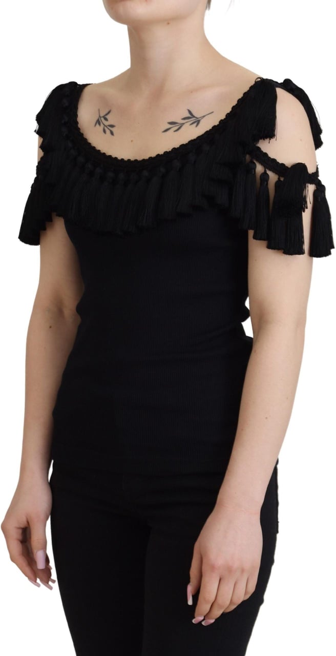 Dolce & Gabbana Black Tank Top Blouse Tassle Cotton Blouse Zwart