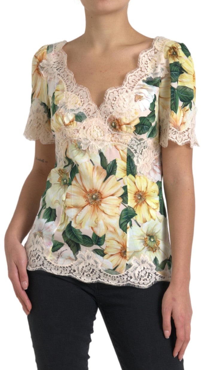 Dolce & Gabbana Multicolor Floral Lace V Neck Blouse Divers