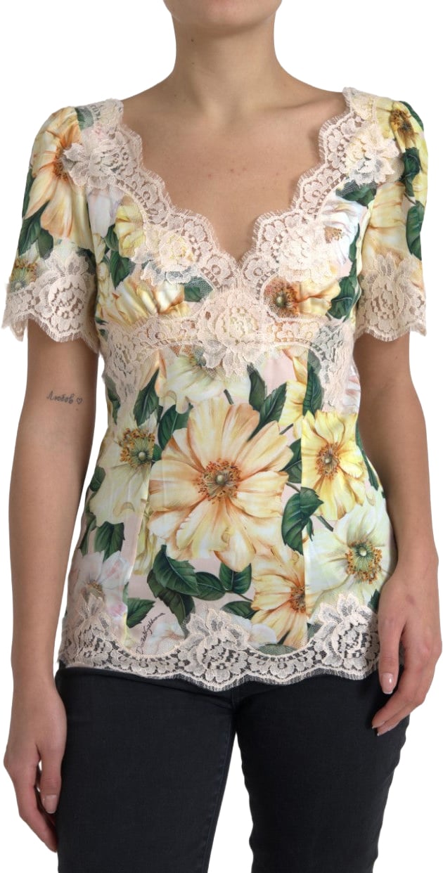 Dolce & Gabbana Multicolor Floral Lace V Neck Blouse Divers