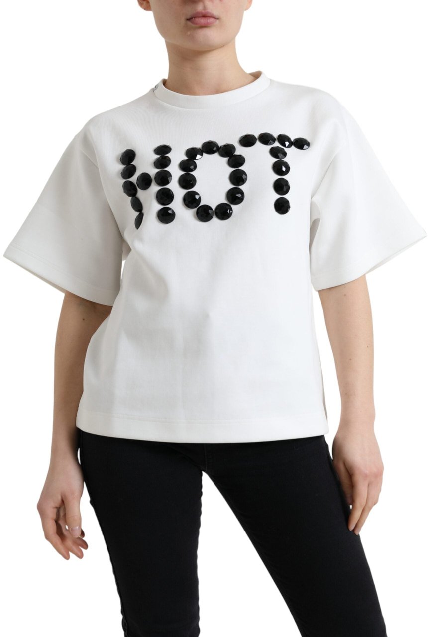 Dolce & Gabbana T-shirt White Cotton Stretch Black HOT Crystal Wit