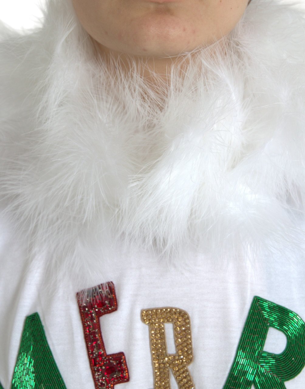 Dolce & Gabbana White Cotton Christmas Sequin Fur T-shirt Wit