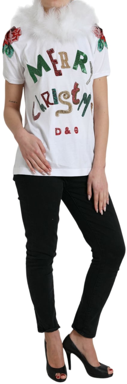 Dolce & Gabbana White Cotton Christmas Sequin Fur T-shirt Wit