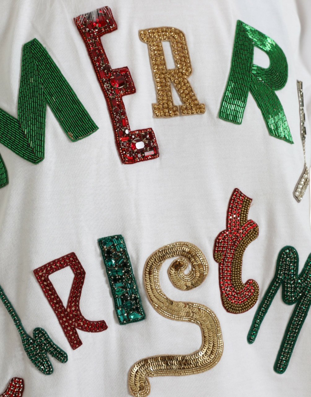 Dolce & Gabbana White Cotton Christmas Sequin Fur T-shirt Wit