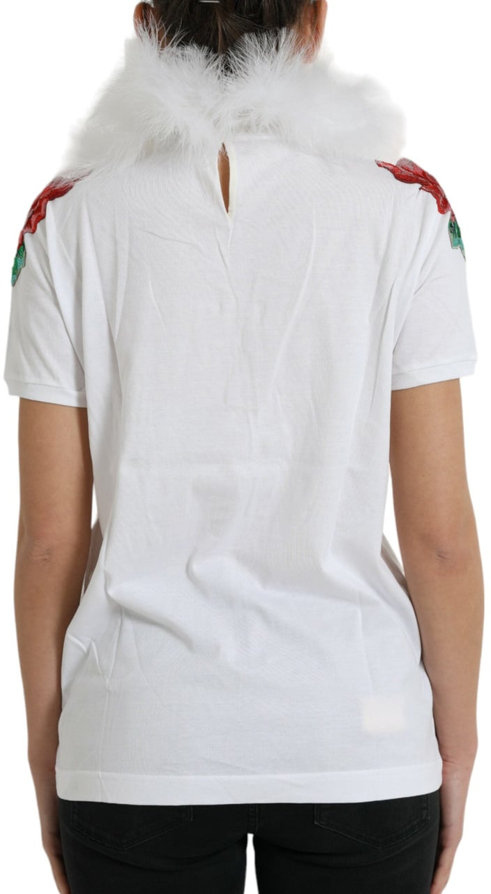 Dolce & Gabbana White Cotton Christmas Sequin Fur T-shirt Wit