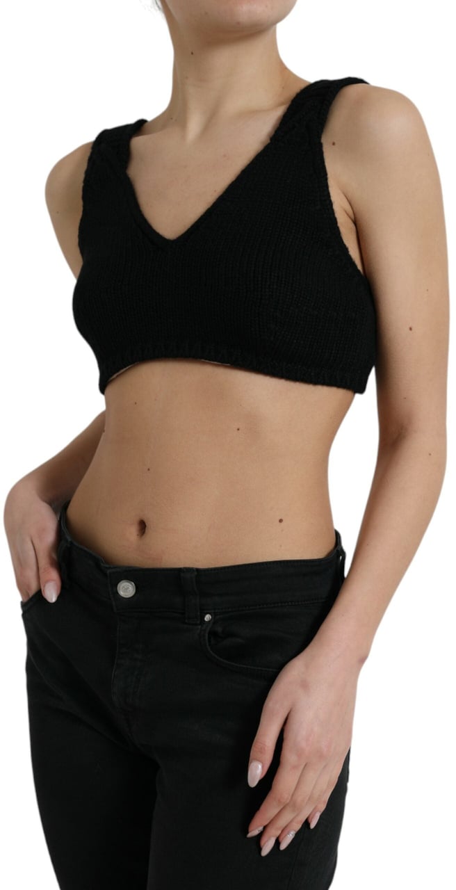 Dolce & Gabbana Black Cropped Cashmere V-neck Bustier Top Zwart