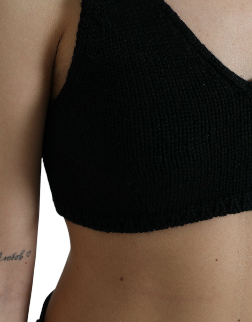 Dolce & Gabbana Black Cropped Cashmere V-neck Bustier Top Zwart