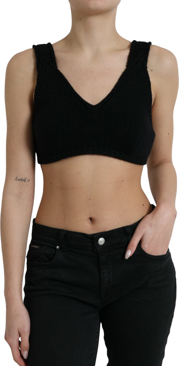Dolce & Gabbana Black Cropped Cashmere V-neck Bustier Top Zwart