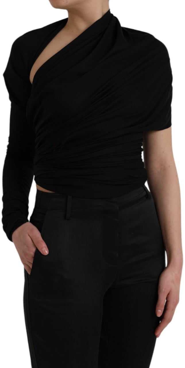Dolce & Gabbana Black Wool Cutout Asymmetric Long Sleeve Top Zwart
