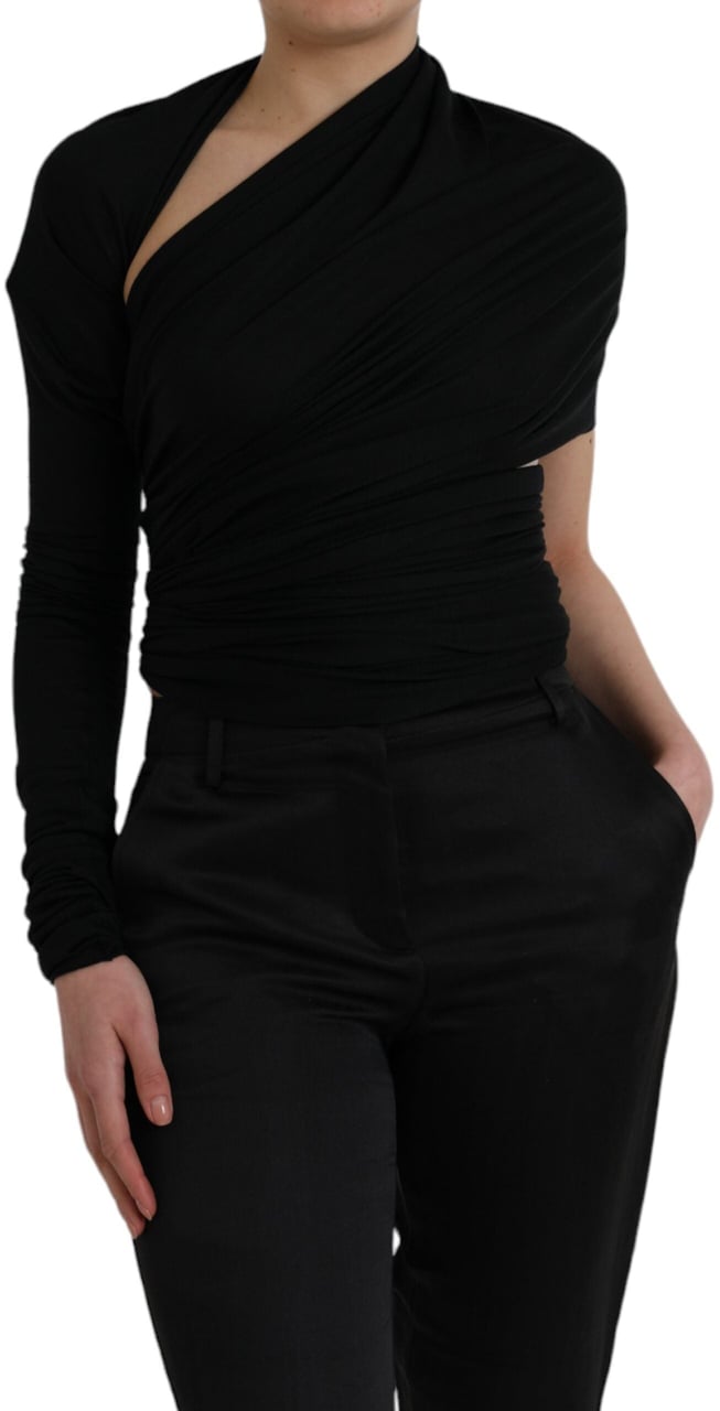 Dolce & Gabbana Black Wool Cutout Asymmetric Long Sleeve Top Zwart