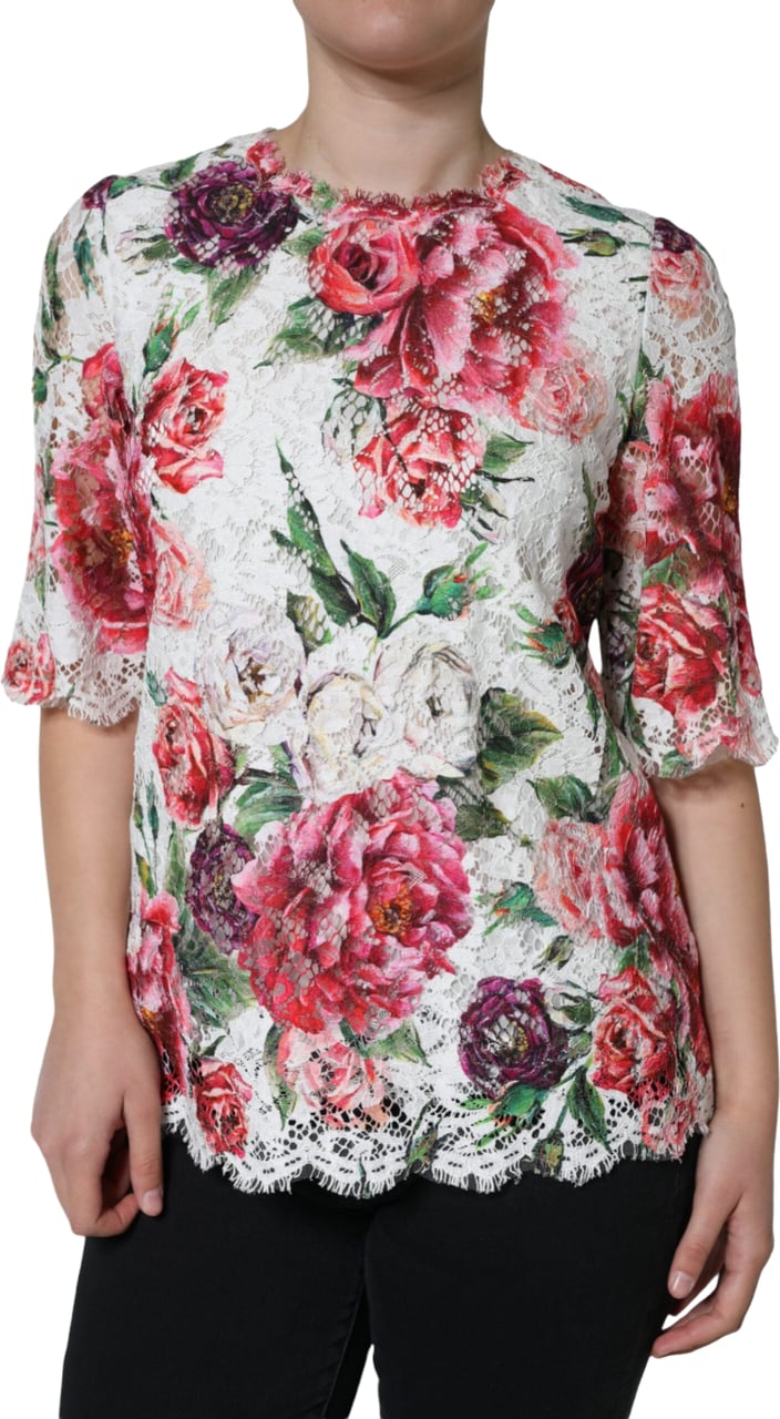 Dolce & Gabbana White Peony Lace Short Sleeves Blouse Top Roze