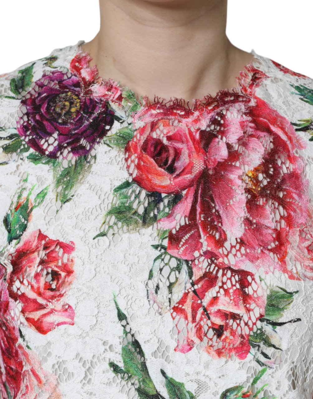 Dolce & Gabbana White Peony Lace Short Sleeves Blouse Top Roze