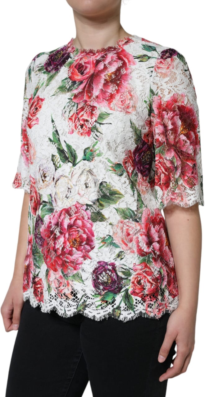 Dolce & Gabbana White Peony Lace Short Sleeves Blouse Top Roze