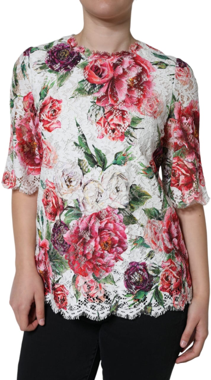 Dolce & Gabbana White Peony Lace Short Sleeves Blouse Top Roze