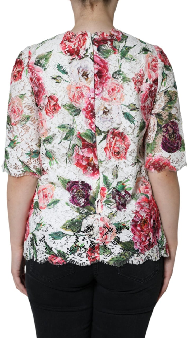 Dolce & Gabbana White Peony Lace Short Sleeves Blouse Top Roze