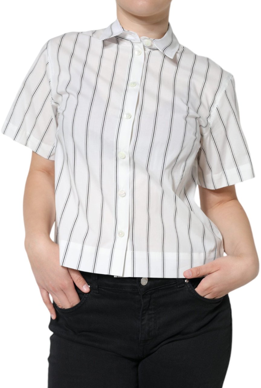 Dolce & Gabbana White Striped Collared Short Sleeve Polo Top Wit