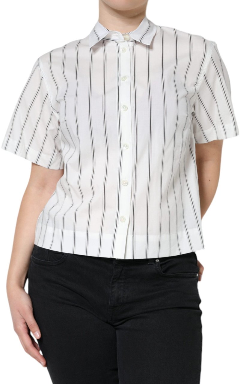 Dolce & Gabbana White Striped Collared Short Sleeve Polo Top Wit