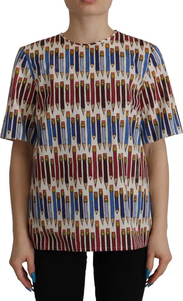 Dolce & Gabbana White Pencil Print Cotton T-shirt Blouse Wit