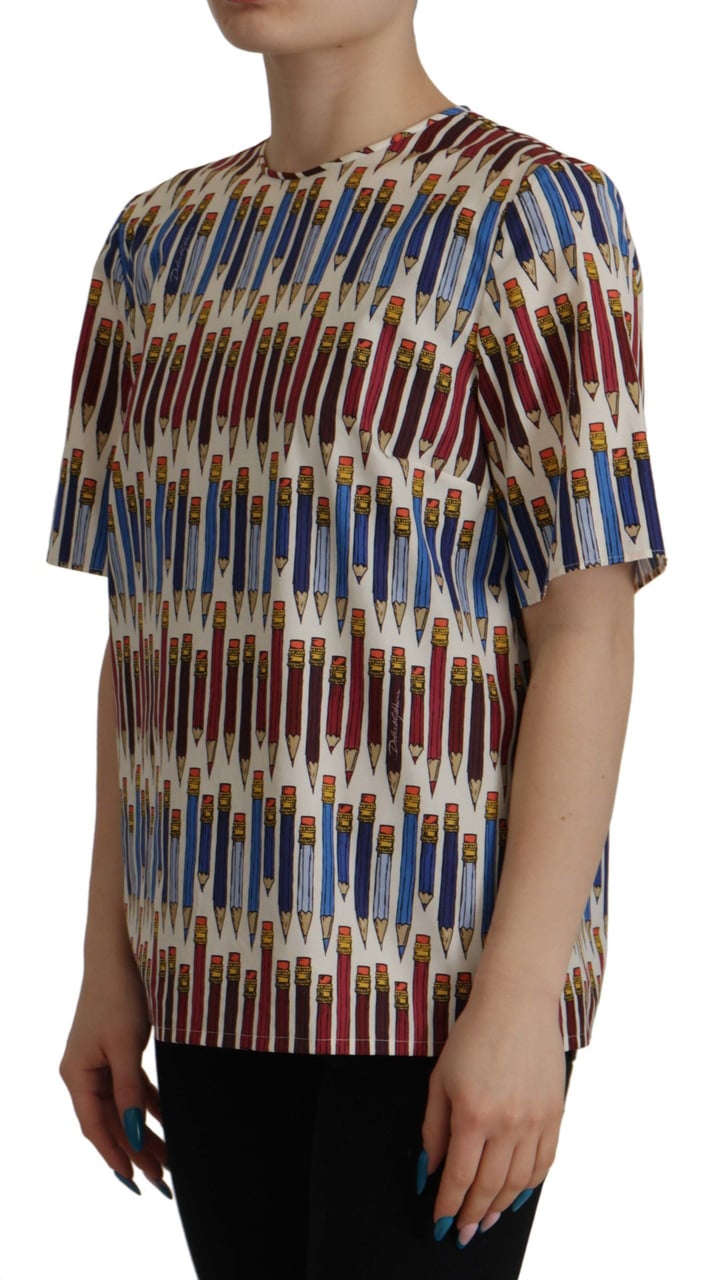 Dolce & Gabbana White Pencil Print Cotton T-shirt Blouse Wit