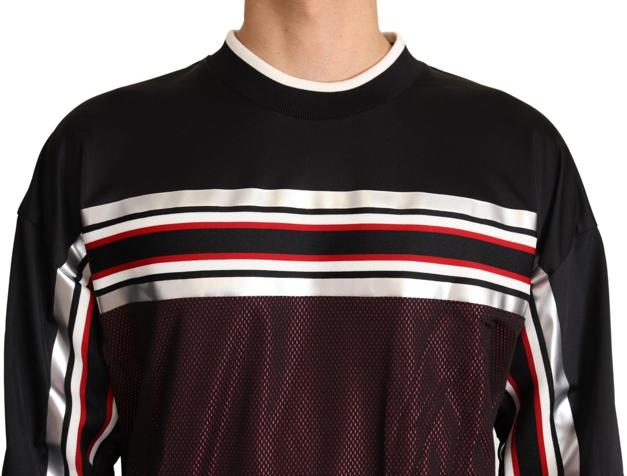 Dolce & Gabbana Black Red Mesh Sport Pullover Crewneck Sweater Zwart