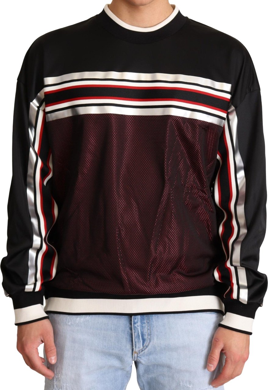 Dolce & Gabbana Black Red Mesh Sport Pullover Crewneck Sweater Zwart