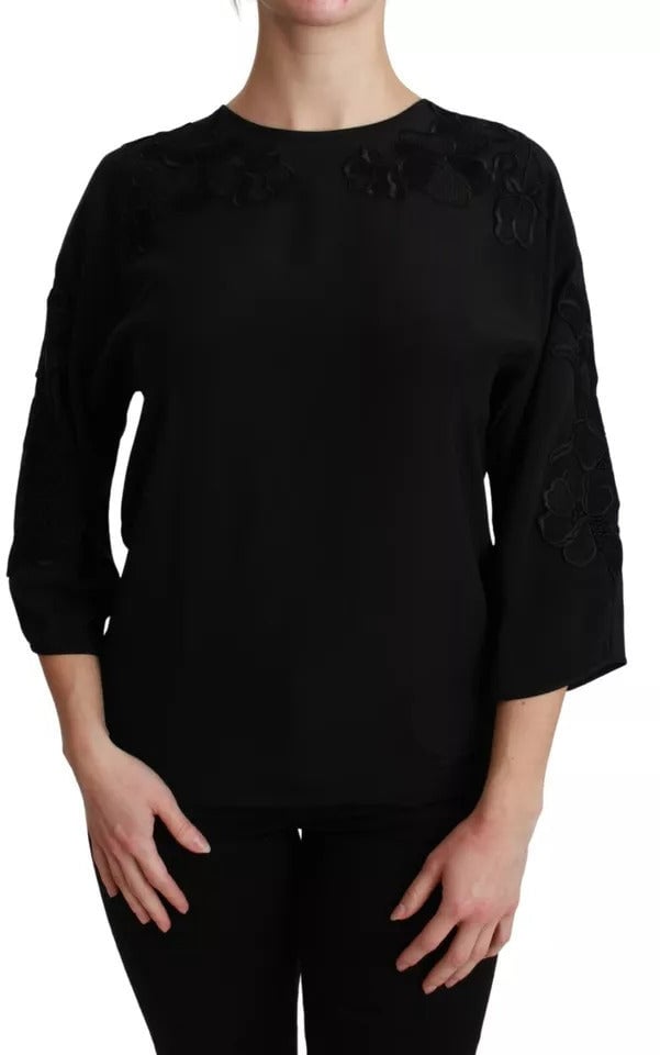 Dolce & Gabbana Black Floral Embroidered Blouse Silk Top Zwart