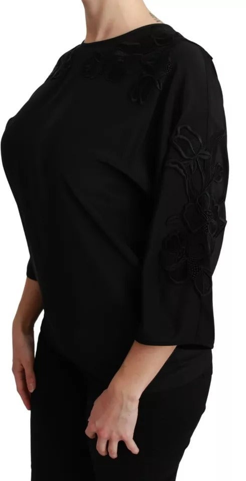 Dolce & Gabbana Black Floral Embroidered Blouse Silk Top Zwart
