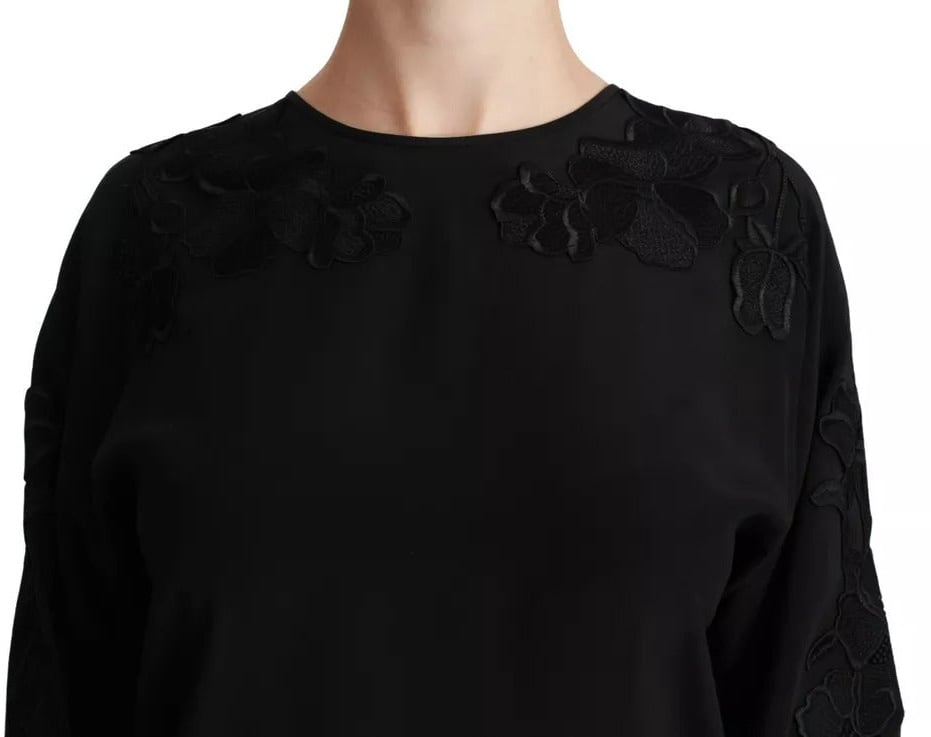 Dolce & Gabbana Black Floral Embroidered Blouse Silk Top Zwart