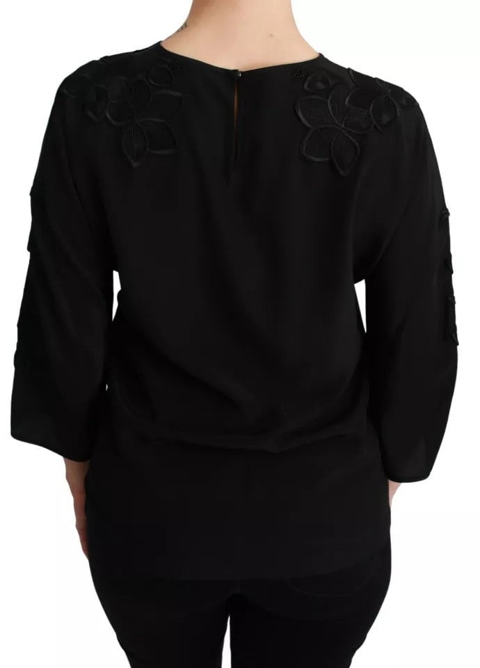 Dolce & Gabbana Black Floral Embroidered Blouse Silk Top Zwart