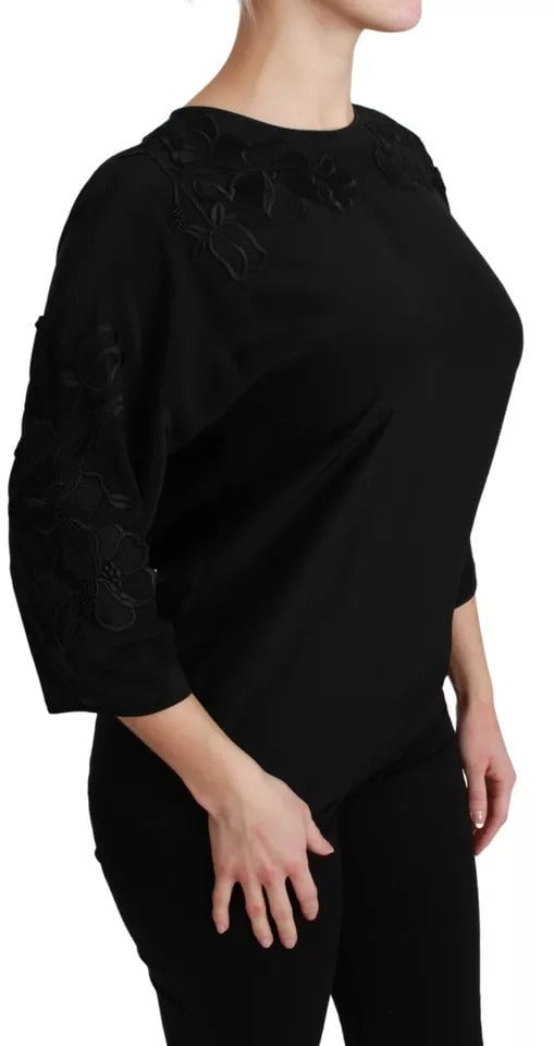 Dolce & Gabbana Black Floral Embroidered Blouse Silk Top Zwart