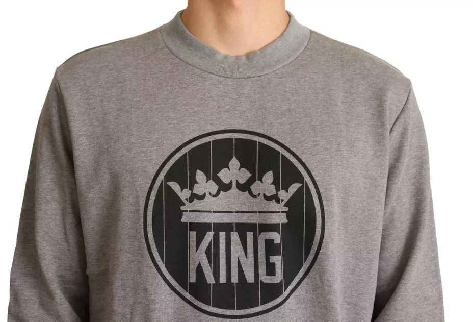 Dolce & Gabbana Gray Crown King Cotton Pullover Sweater Grijs