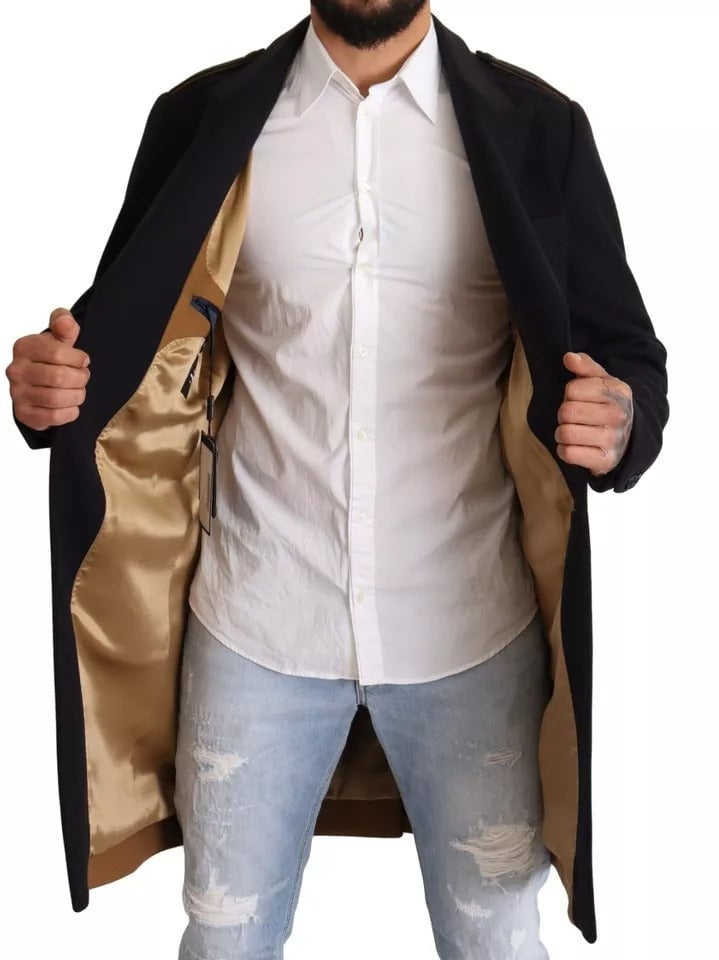 Dolce & Gabbana Blue Trench Coat Long Wool Stretch Jacket Blauw